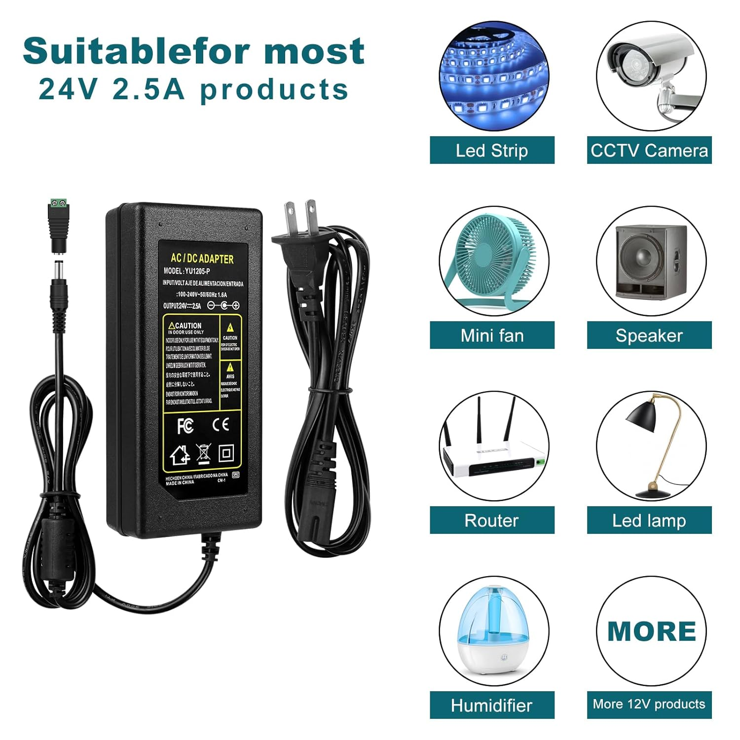 Adaptateur d'alimentation de bureau CC 24 V 60 W–120 W, entrée CA 100–240 V, transformateur de commutation avec prise US — pour bandes LED, imprimantes 3D, vidéosurveillance et appareils électroniques