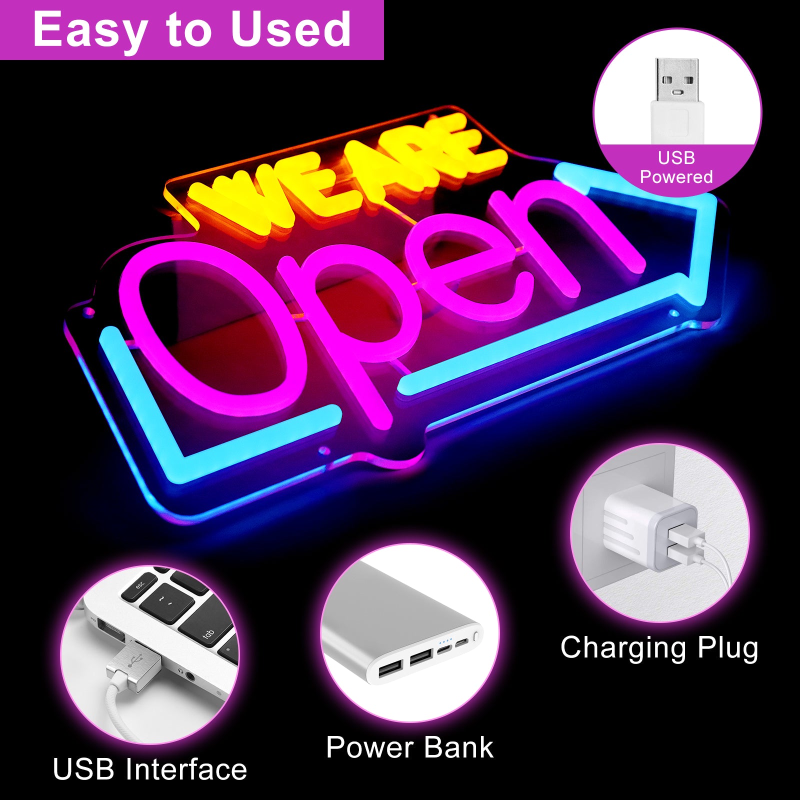 Enseigne néon « OUVERT » – Alimentation USB | 41 x 20 cm | Enseigne LED en forme de flèche | 3 combinaisons de couleurs pour vitrine