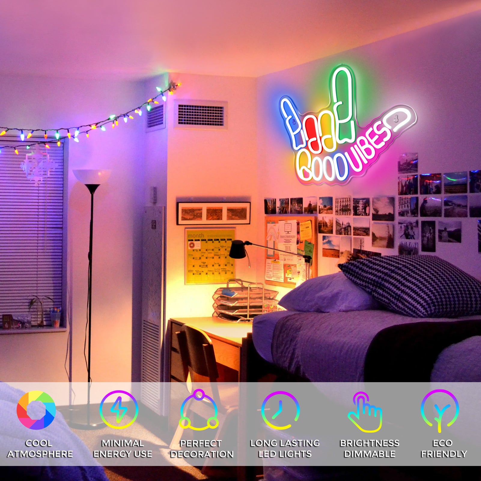 Good Vibes Neon Sign with Love Hand Gesture – 17×13” | USB Powered | Multi-Color LED Wall Decor for Ambiance & Vibe Enhancement | Hanging