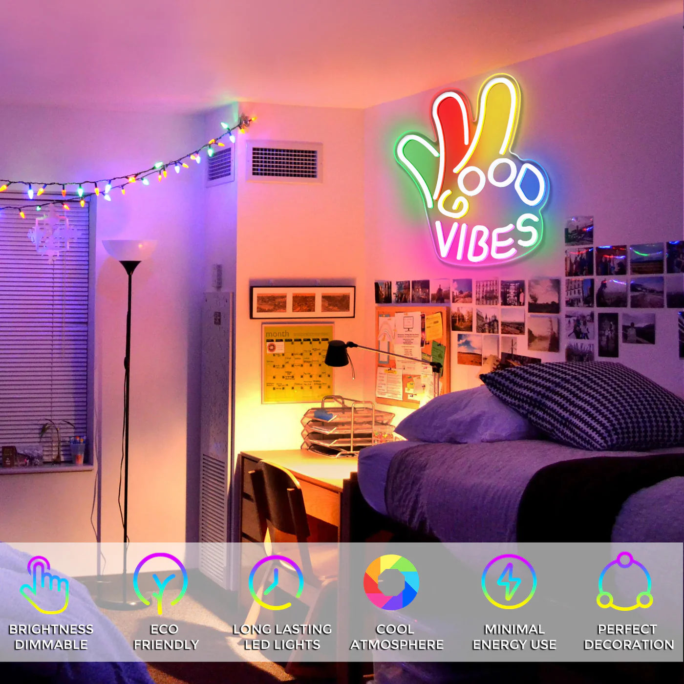 Panneau LED « Good Vibes » – Main OK | 43 cm x 33 cm | Néon USB pour décoration murale | À suspendre | Idéal pour chambre, dortoir, salon, fête