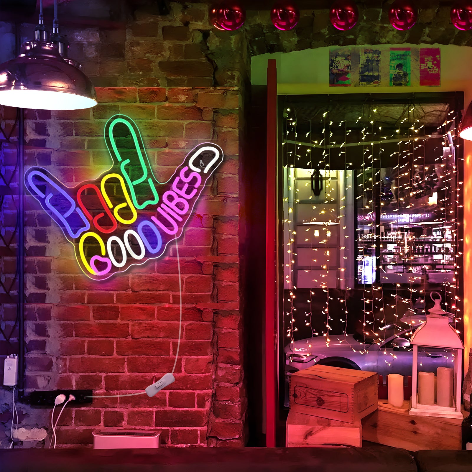 Good Vibes Neon Sign with Love Hand Gesture – 17×13” | USB Powered | Multi-Color LED Wall Decor for Ambiance & Vibe Enhancement | Hanging