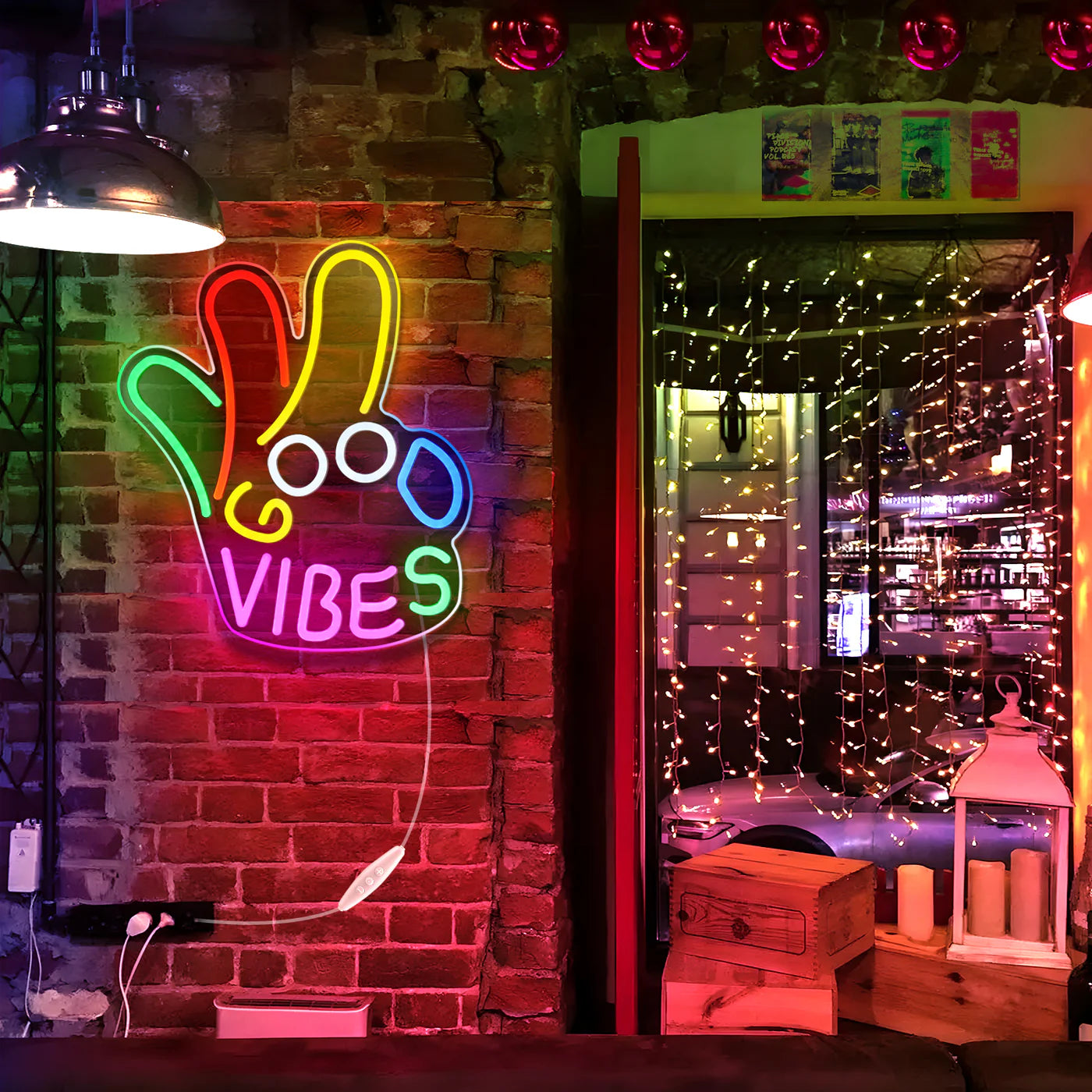 Panneau LED « Good Vibes » – Main OK | 43 cm x 33 cm | Néon USB pour décoration murale | À suspendre | Idéal pour chambre, dortoir, salon, fête