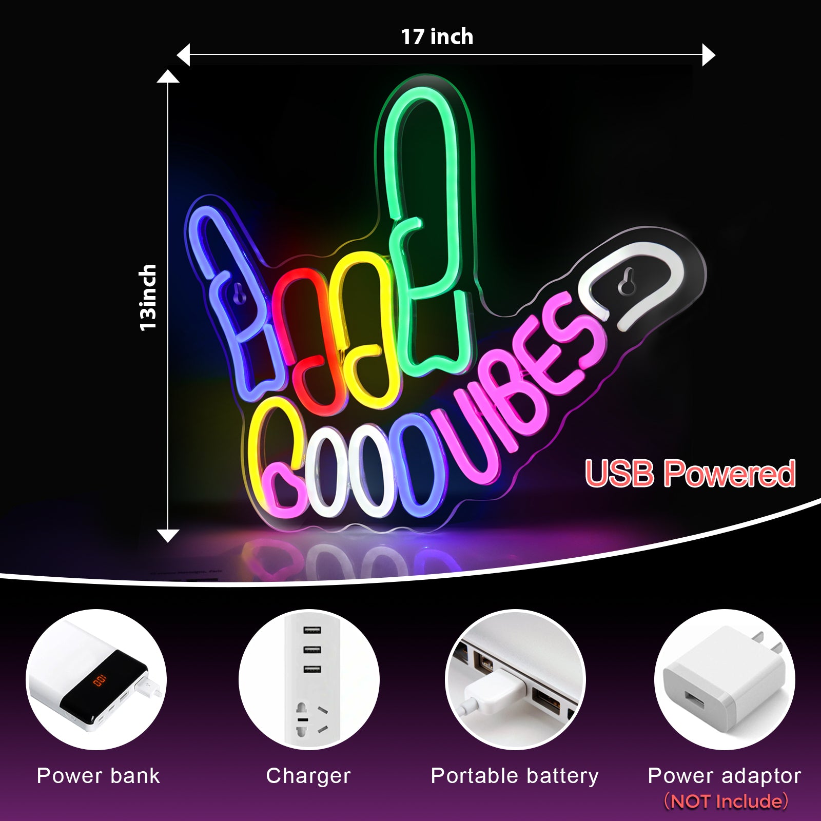 Good Vibes Neon Sign with Love Hand Gesture – 17×13” | USB Powered | Multi-Color LED Wall Decor for Ambiance & Vibe Enhancement | Hanging