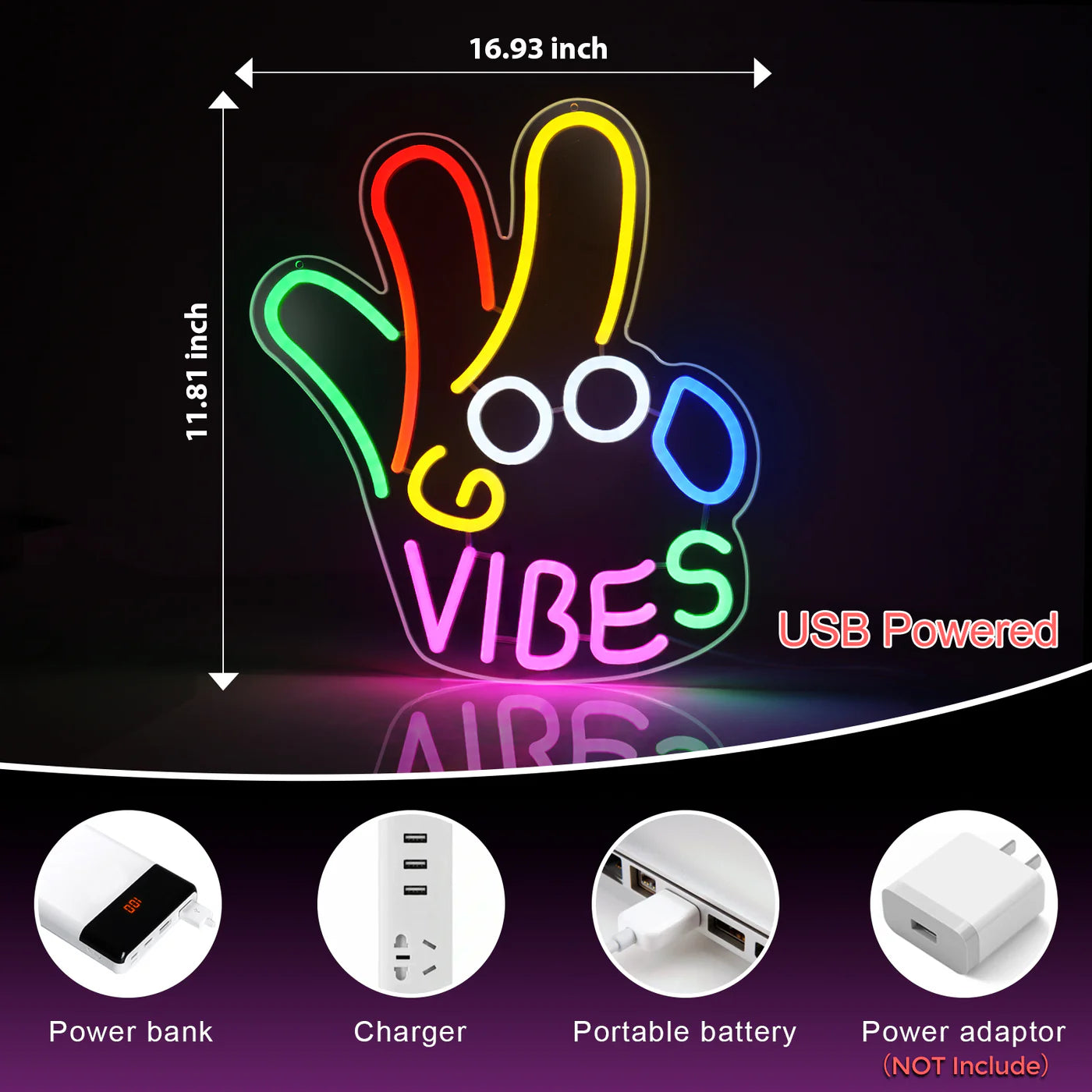 Panneau LED « Good Vibes » – Main OK | 43 cm x 33 cm | Néon USB pour décoration murale | À suspendre | Idéal pour chambre, dortoir, salon, fête