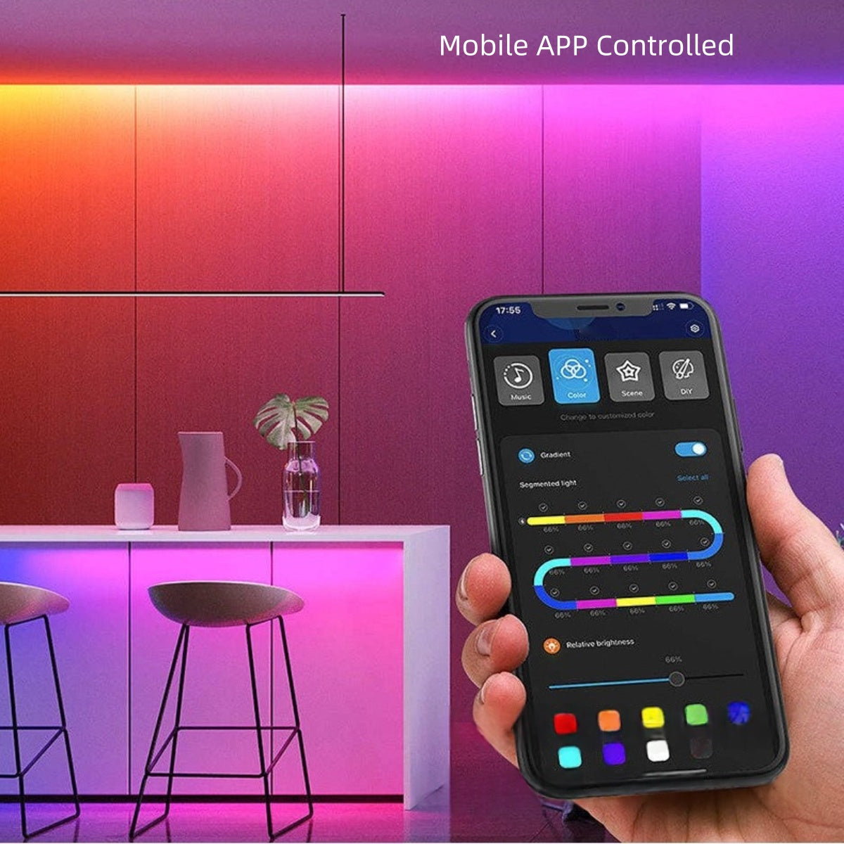 AC 100–240V SMD5050 RGB Dream Color High Voltage LED Neon Strip Light – 12W/M, 60 LEDs/M, 15.5×7mm Flexible Rope Light with APP Controller, IP67 Waterproof RGBIC Chasing Neon Light Kit for Indoor & Outdoor Decoration