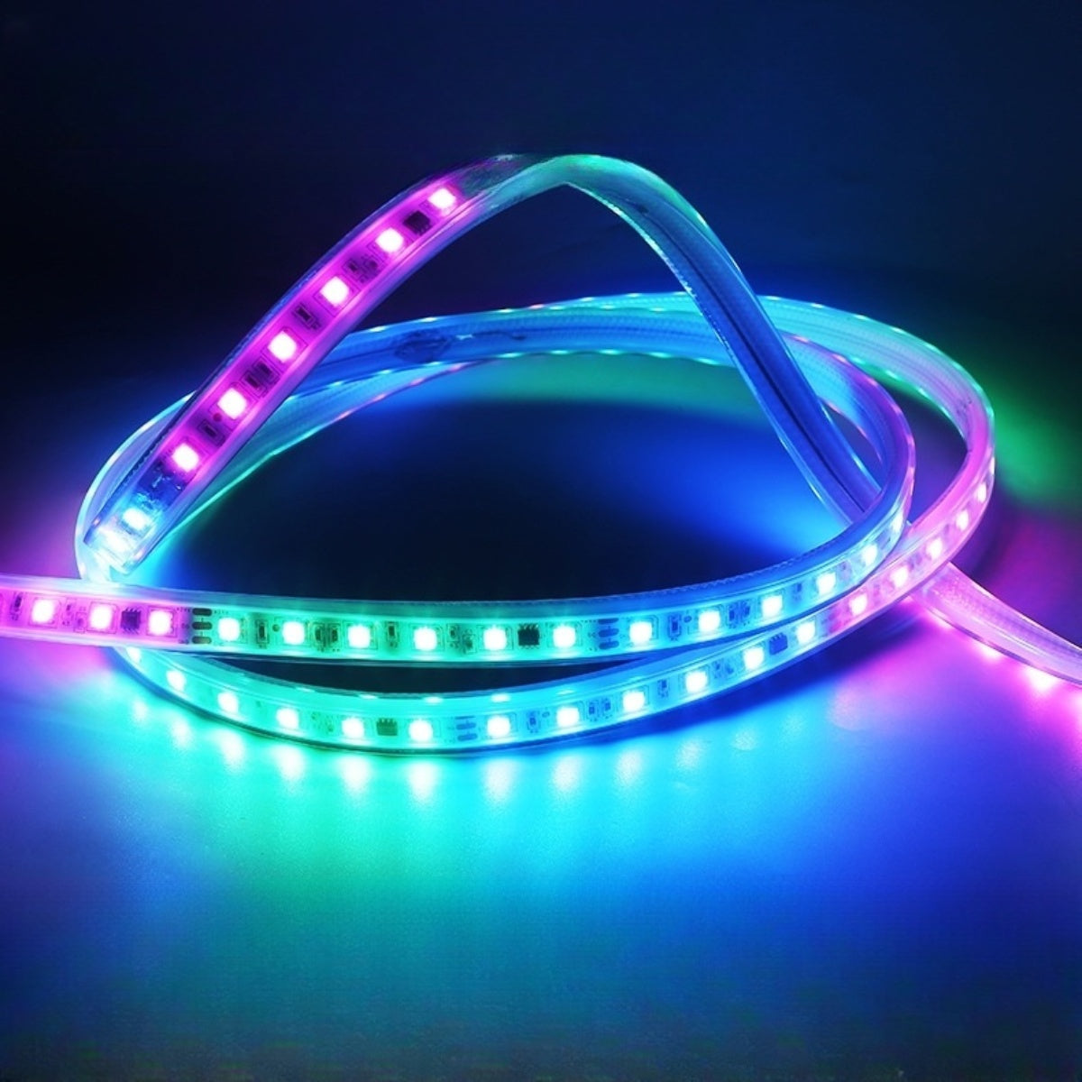 AC 100–240V SMD5050 RGB Dream Color High Voltage LED Neon Strip Light – 12W/M, 60 LEDs/M, 15.5×7mm Flexible Rope Light with APP Controller, IP67 Waterproof RGBIC Chasing Neon Light Kit for Indoor & Outdoor Decoration