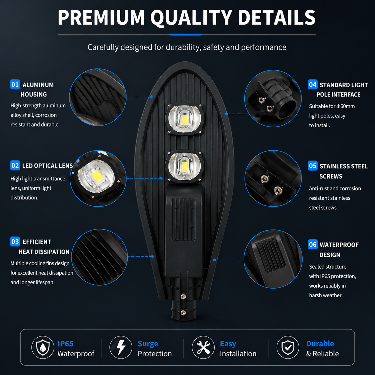 100W IP65 Wasserdichte LED-Mastleuchte für LED-Straßenbeleuchtung Reinweiß 6500K