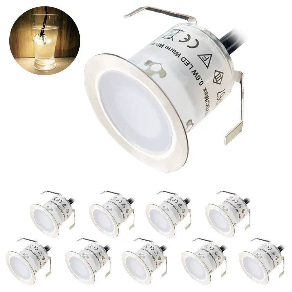 10-Pack Recessed LED Deck Lights – 0.6W Each | Warm White / Natural White | AC100–265V Input with Power Adapter | US / EU / UK / AU Plug Options | IP67 Waterproof Inground Step Lights Kit for Deck, Garden, Yard, Stairs & Pathway Lighting