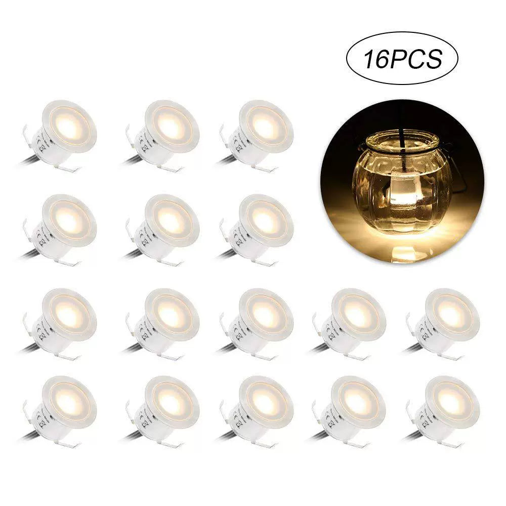 16-Pack Recessed LED Deck Lights – 0.6W Each | Warm White / Natural White | AC100–265V Input with Power Adapter | US / EU / UK / AU Plug Options | IP67 Waterproof Inground Step Lights Kit for Deck, Garden, Yard, Stairs & Pathway Lighting