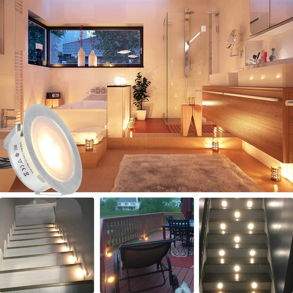6-Pack Recessed LED Deck Lights – 1.5W Each | Warm White / Natural White | AC100–265V Input with Power Adapter | US / EU / UK / AU Plug Options | IP67 Waterproof Inground Step Lights Kit for Deck, Garden, Yard, Stairs & Pathway Lighting