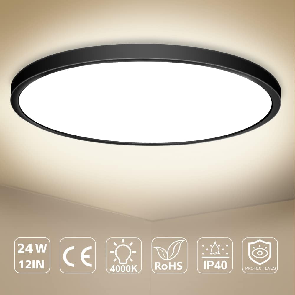 15.7 Inch Round LED Ceiling Light – 32W – Black – 3000K / 4500K / 5000K / 6500K – Flush Mount Ceiling Light for Home & Apartment Lighting – Local Stock (US/UK)