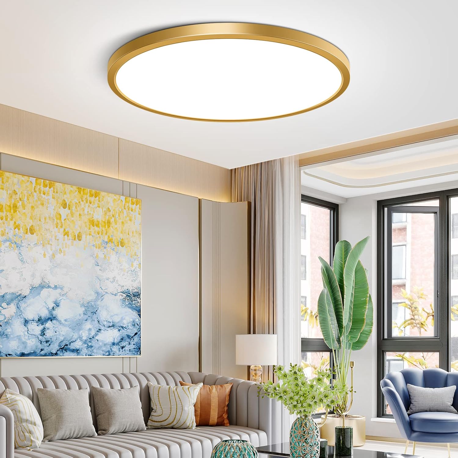 AC 110–130V Round LED Ceiling Light – Gold – 18W / 24W / 32W Options – 3000K / 4500K / 5000K / 6500K – Flush Mount Ceiling Light – Local Stock (US) 9”, image size:1500x1500