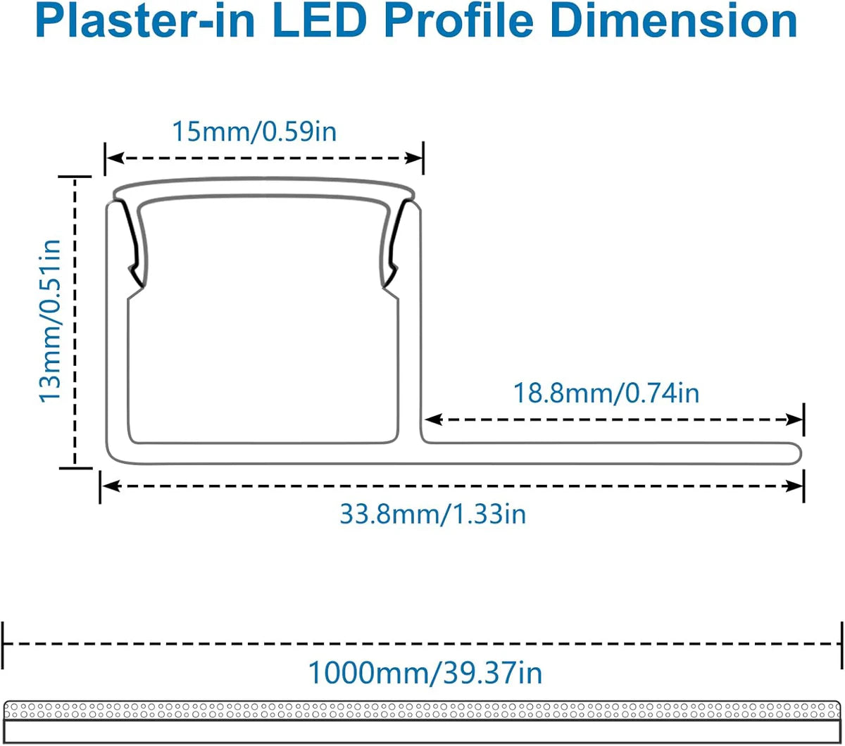One-Sided Plaster-in Drywall LED Aluminum Channels– Fit for 1 to 12mm LED Strip | Silver | Milky White Cover | 1 / 2 / 3 Meter | Silver | Milky White Cover | 50 / 100 -Pack