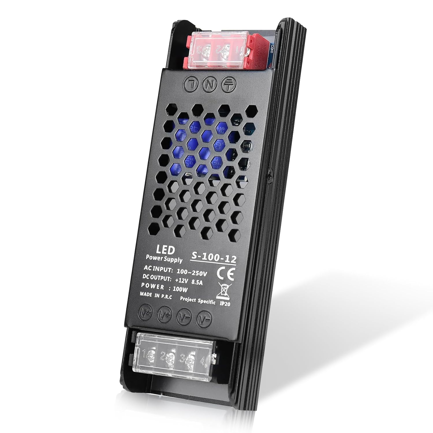 DC 12V/24V Slim Black Switching Power Supply 36W–200W, AC 110–250V Input, Narrow Type LED Transformer, Compact Metal Housing, CE/FCC/RoHS Certified