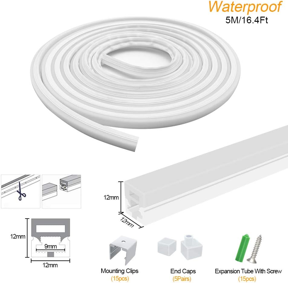 Neon Light Housing – S1212 | 12x12mm Silicone LED Channel System | IP67 Waterproof | 8mm PCB Width | 16.4FT/5M | Local Stock US/UK/DE