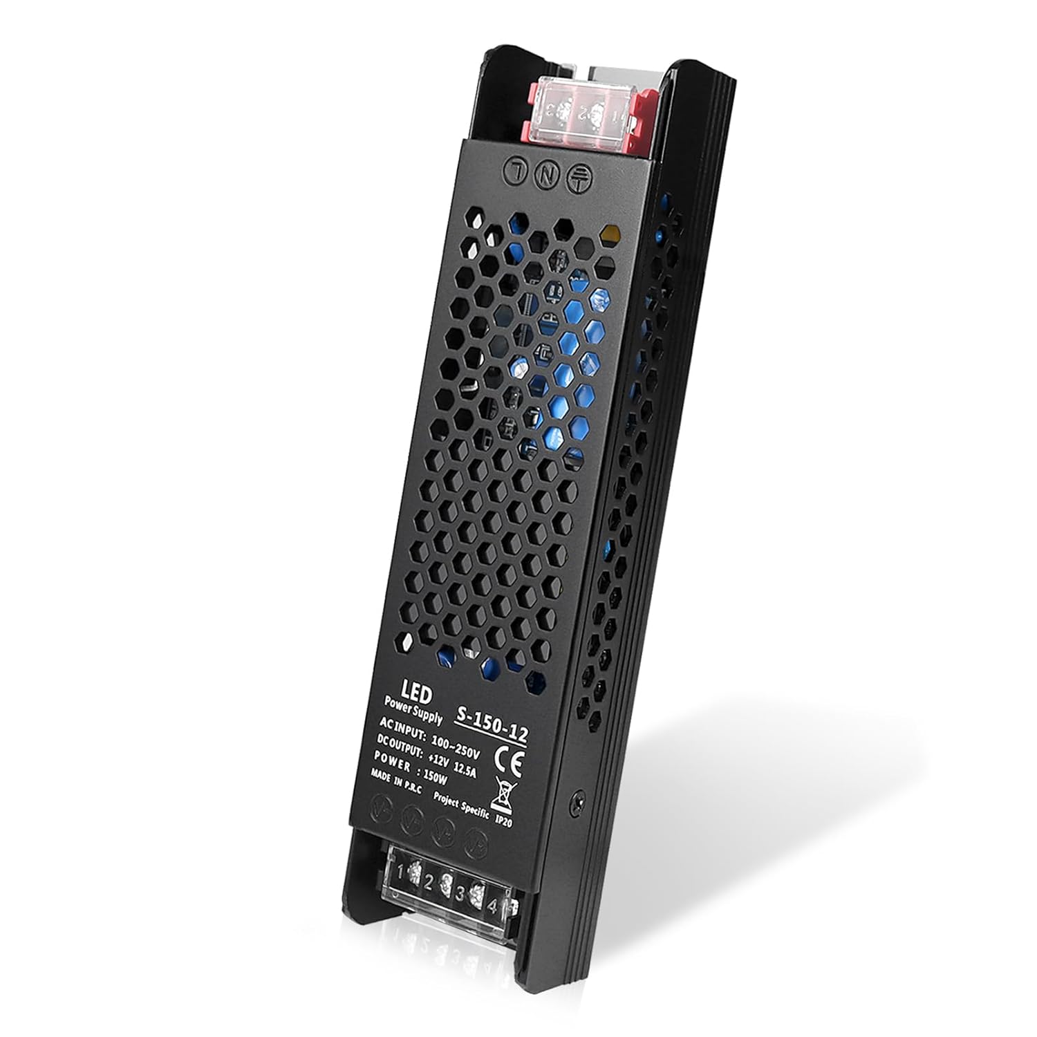 DC 12V/24V Slim Black Switching Power Supply 36W–200W, AC 110–250V Input, Narrow Type LED Transformer, Compact Metal Housing, CE/FCC/RoHS Certified