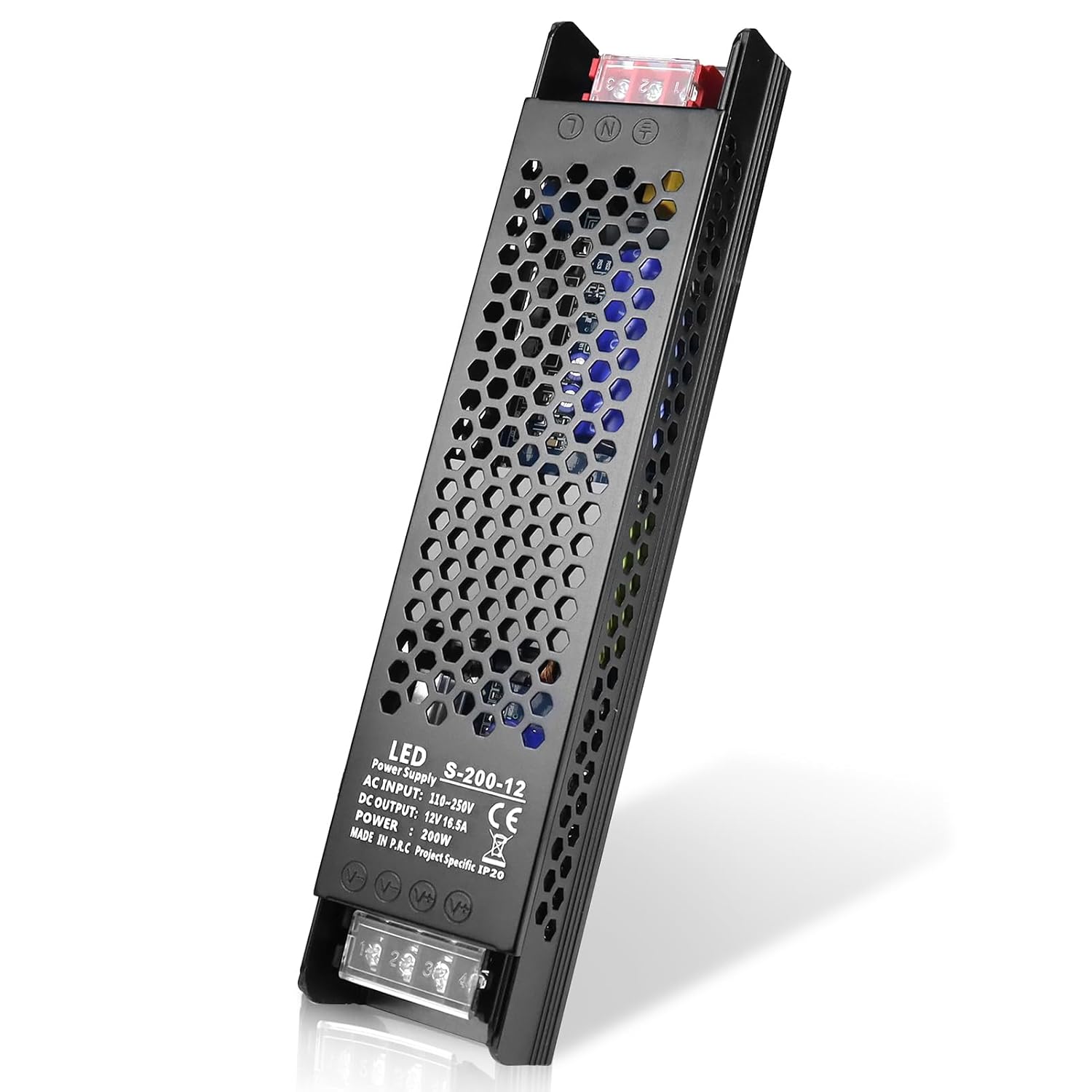 DC 12V/24V Slim Black Switching Power Supply 36W–200W, AC 110–250V Input, Narrow Type LED Transformer, Compact Metal Housing, CE/FCC/RoHS Certified