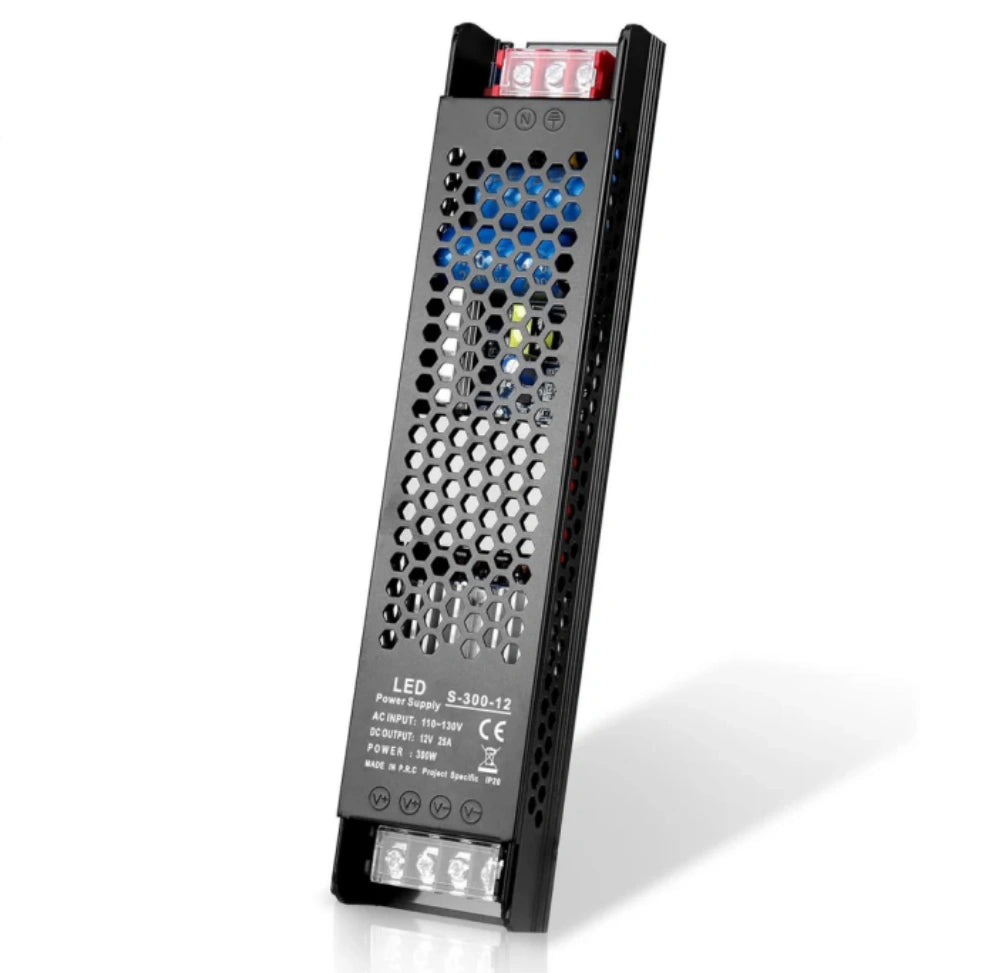 DC 12V/24V Slim Black Switching Power Supply 300W–400W, AC 110–130V/175–250V Input, LED Driver Transformer with Built-in Cooling Fan, CE/FCC/RoHS Certified