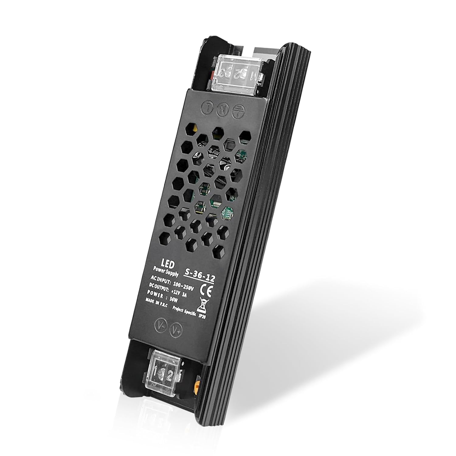 DC 12V/24V Slim Black Switching Power Supply 36W–200W, AC 110–250V Input, Narrow Type LED Transformer, Compact Metal Housing, CE/FCC/RoHS Certified