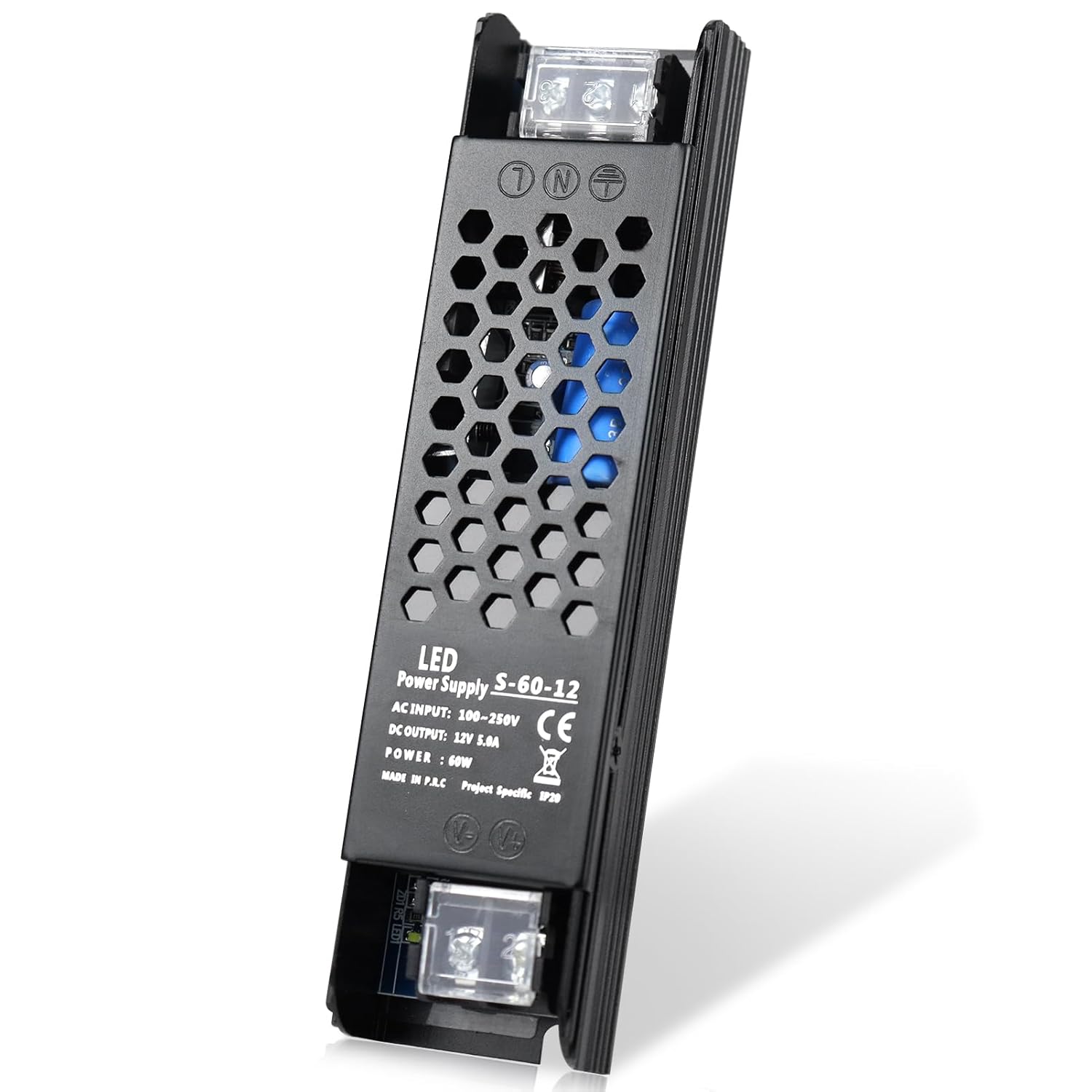 DC 12V/24V Slim Black Switching Power Supply 36W–200W, AC 110–250V Input, Narrow Type LED Transformer, Compact Metal Housing, CE/FCC/RoHS Certified