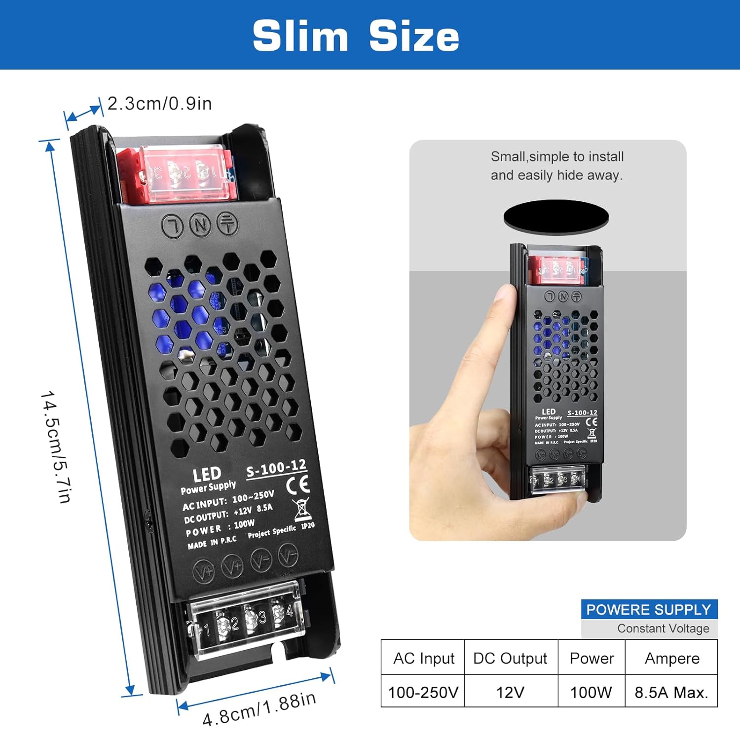 DC 12V/24V Slim Black Switching Power Supply 36W–200W, AC 110–250V Input, Narrow Type LED Transformer, Compact Metal Housing, CE/FCC/RoHS Certified