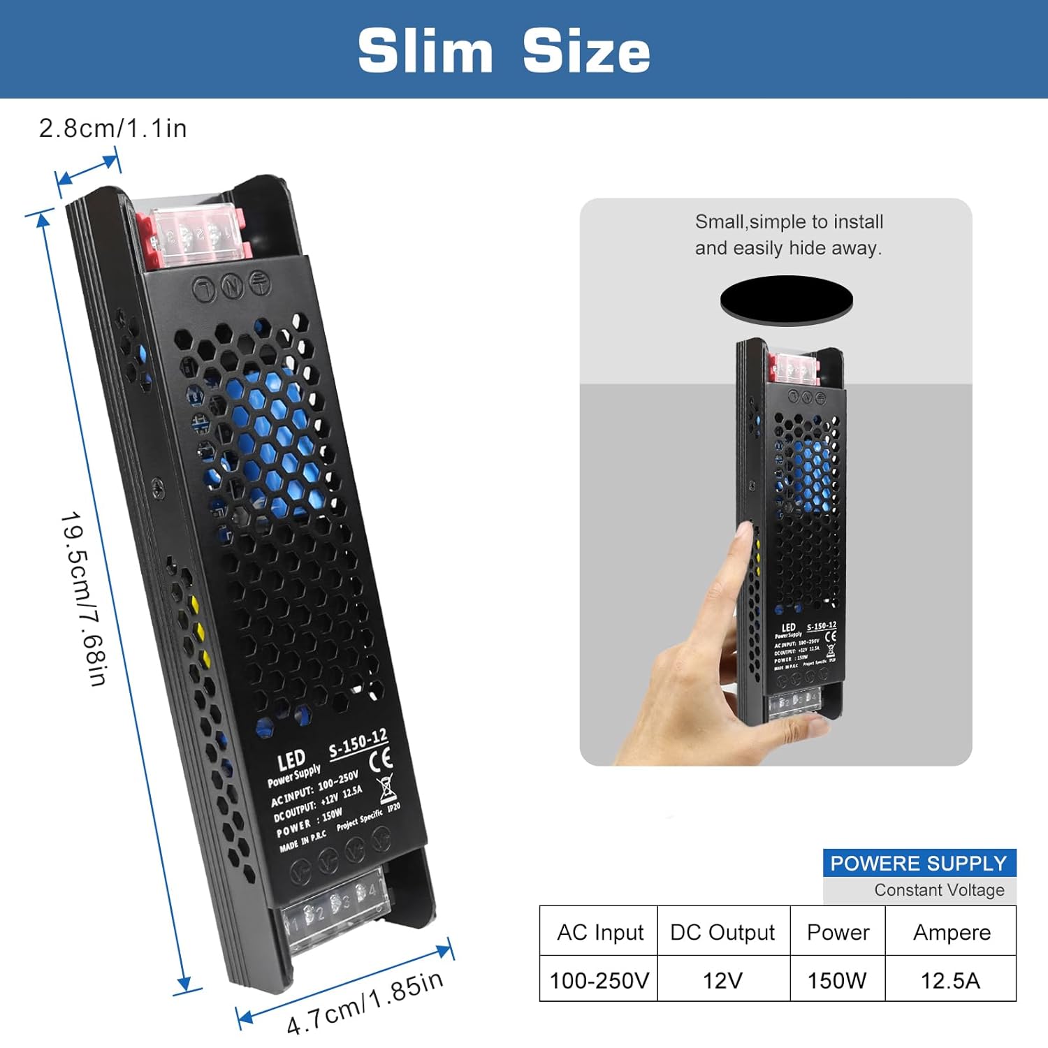 DC 12V/24V Slim Black Switching Power Supply 36W–200W, AC 110–250V Input, Narrow Type LED Transformer, Compact Metal Housing, CE/FCC/RoHS Certified