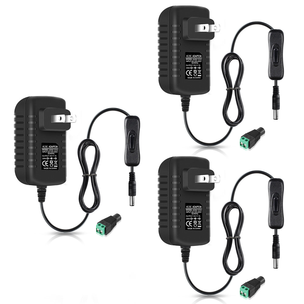 DC 12V Power Supply Adapter with On/Off Switch, 12W/24W/36W Options, US Plug, Black/White Housing, 100–240V AC Input, Wall Plug Charger for LED Strip Lights and Electronics