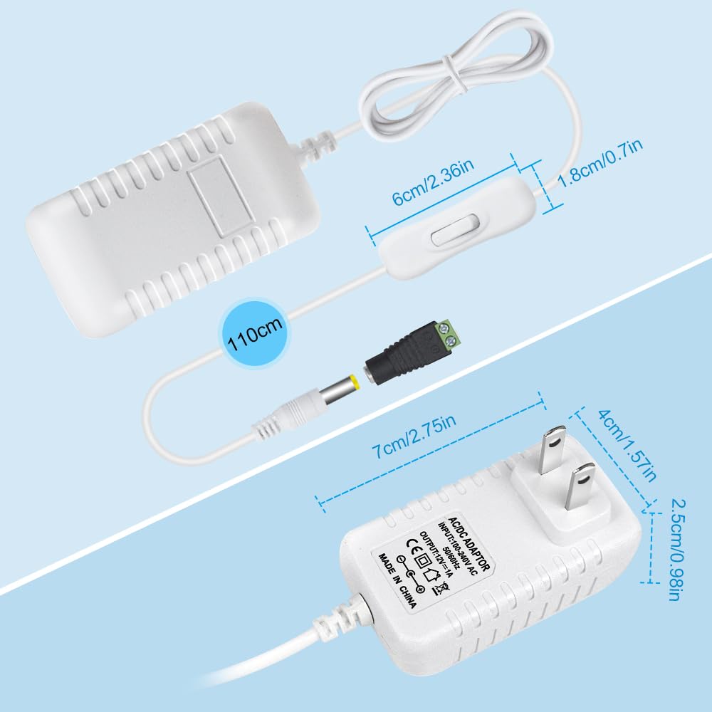 DC 12V Power Supply Adapter with On/Off Switch, 12W/24W/36W Options, US Plug, Black/White Housing, 100–240V AC Input, Wall Plug Charger for LED Strip Lights and Electronics