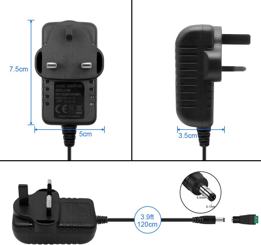 12V Power Supply Adapter 12W/24W, AC 100–240V Input, Wall Plug Transformer, Black Case — US/UK Plug, LED Driver for Strip/CCTV/Electronics