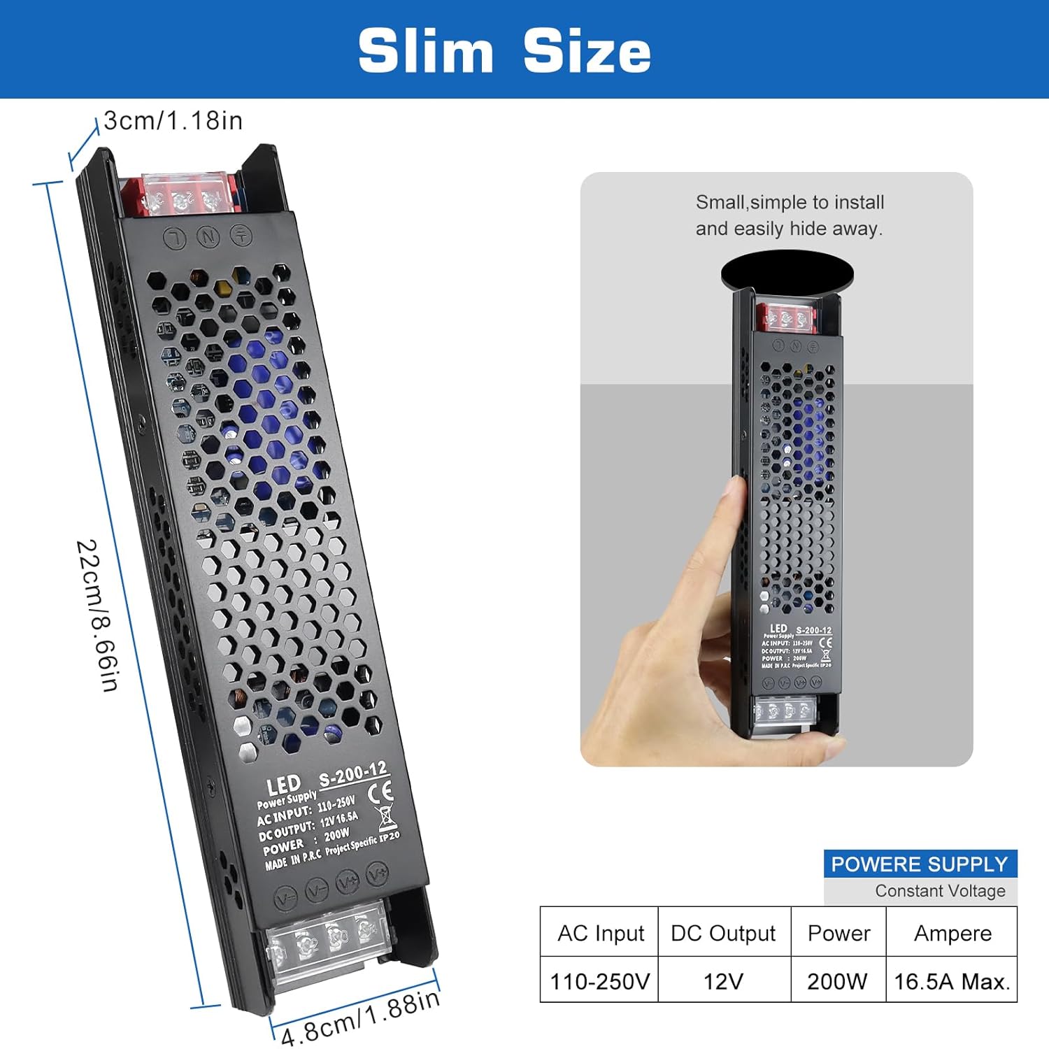 DC 12V/24V Slim Black Switching Power Supply 36W–200W, AC 110–250V Input, Narrow Type LED Transformer, Compact Metal Housing, CE/FCC/RoHS Certified