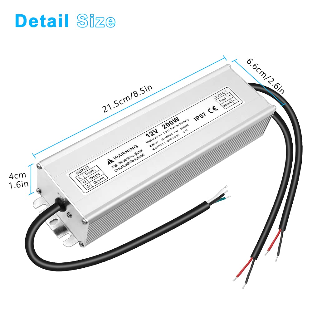 12V Waterproof LED Transformer, 90–140V Input, 200W–500W, Single/Dual Wire Output, CE/RoHS/FCC — US Plug & Wire Leads Options