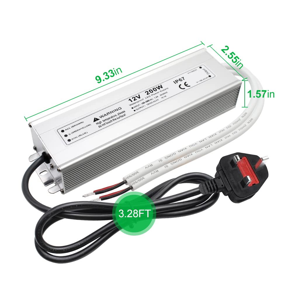 12V Waterproof LED Power Supply, 175–265V Input, 200W–500W, Single/Dual Wire Output, Outdoor LED Driver, CE/RoHS/FCC — UK/EU Plug & Wire Leads Options