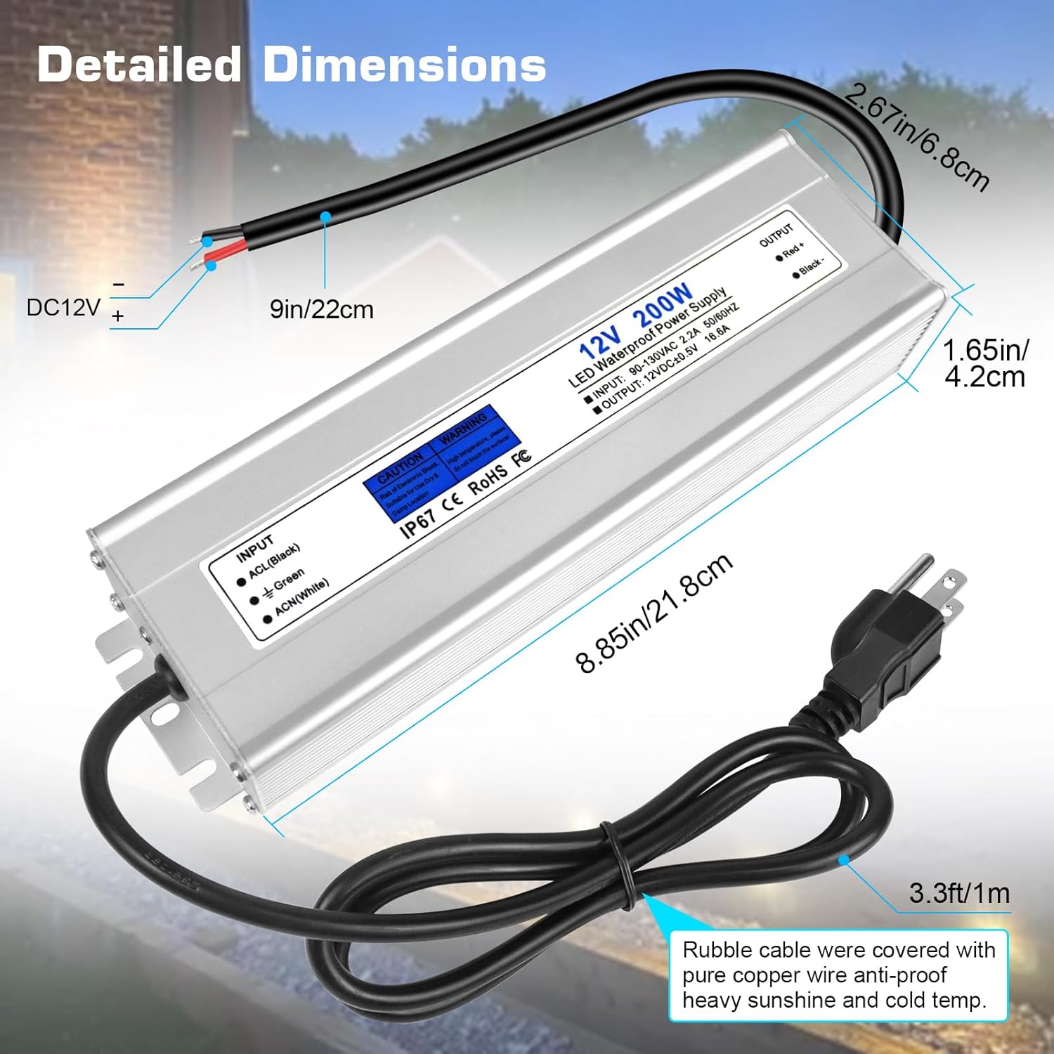 12V Waterproof LED Transformer, 90–140V Input, 200W–500W, Single/Dual Wire Output, CE/RoHS/FCC — US Plug & Wire Leads Options
