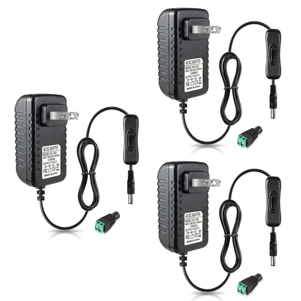 DC 12V Power Supply Adapter with On/Off Switch, 12W/24W/36W Options, US Plug, Black/White Housing, 100–240V AC Input, Wall Plug Charger for LED Strip Lights and Electronics