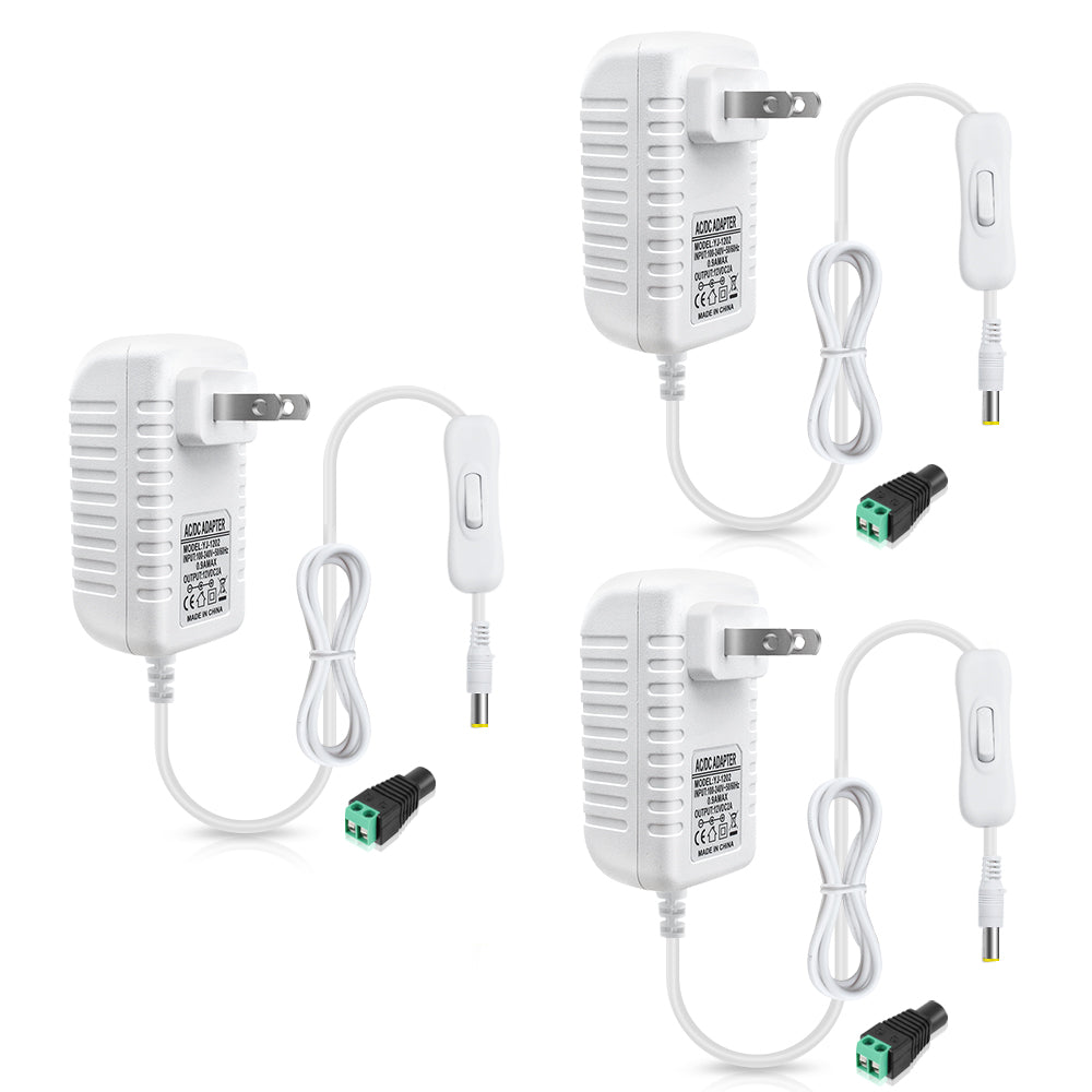 DC 12V Power Supply Adapter with On/Off Switch, 12W/24W/36W Options, US Plug, Black/White Housing, 100–240V AC Input, Wall Plug Charger for LED Strip Lights and Electronics