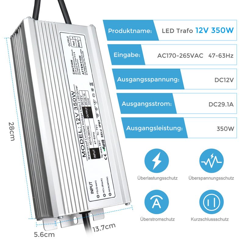 12V Waterproof LED Power Supply, 175–265V Input, 200W–500W, Single/Dual Wire Output, Outdoor LED Driver, CE/RoHS/FCC — UK/EU Plug & Wire Leads Options