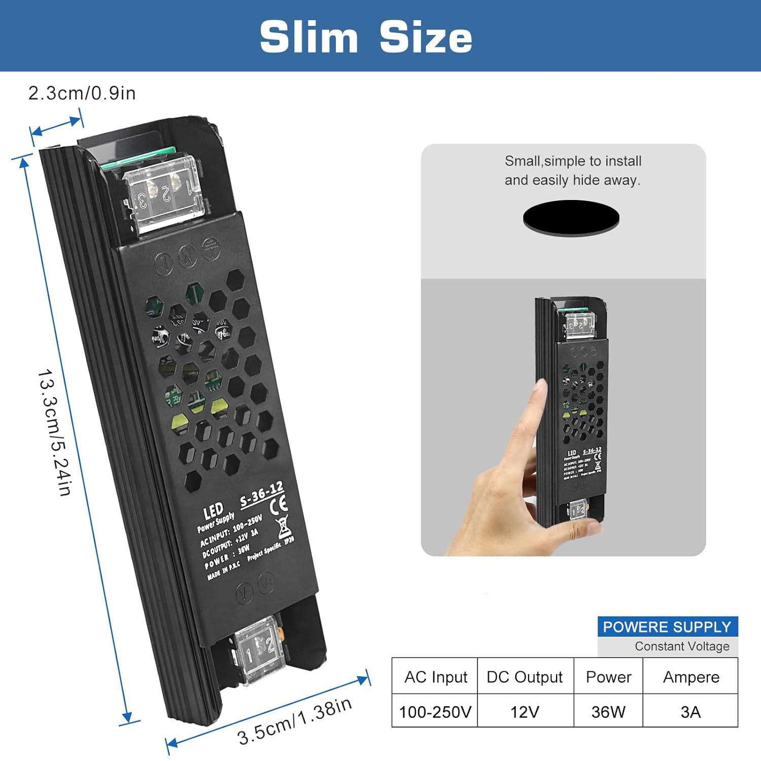DC 12V/24V Slim Black Switching Power Supply 36W–200W, AC 110–250V Input, Narrow Type LED Transformer, Compact Metal Housing, CE/FCC/RoHS Certified