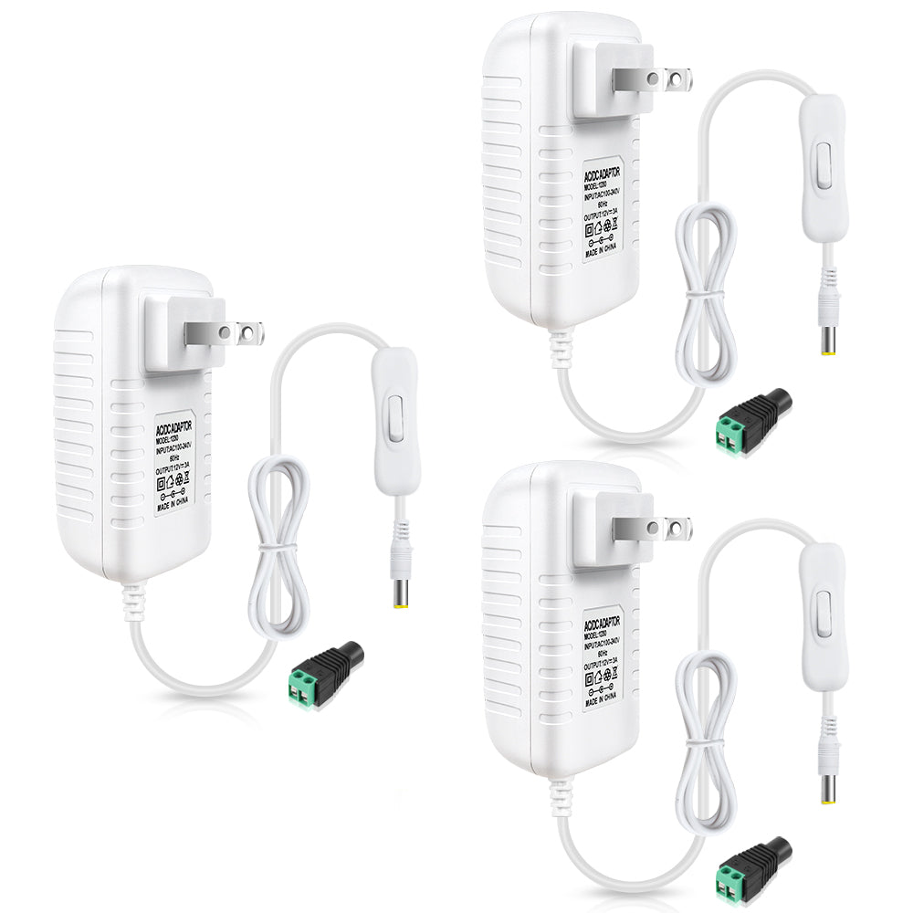 DC 12V Power Supply Adapter with On/Off Switch, 12W/24W/36W Options, US Plug, Black/White Housing, 100–240V AC Input, Wall Plug Charger for LED Strip Lights and Electronics
