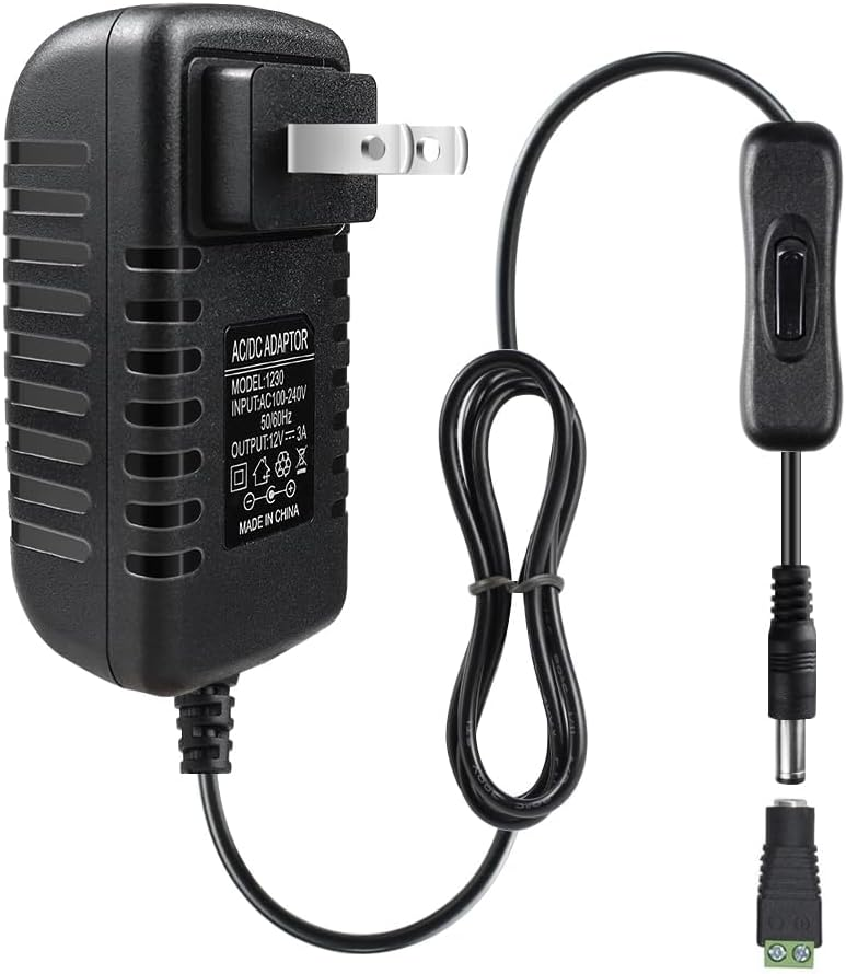 DC 12V Power Supply Adapter with On/Off Switch, 12W/24W/36W Options, US Plug, Black/White Housing, 100–240V AC Input, Wall Plug Charger for LED Strip Lights and Electronics