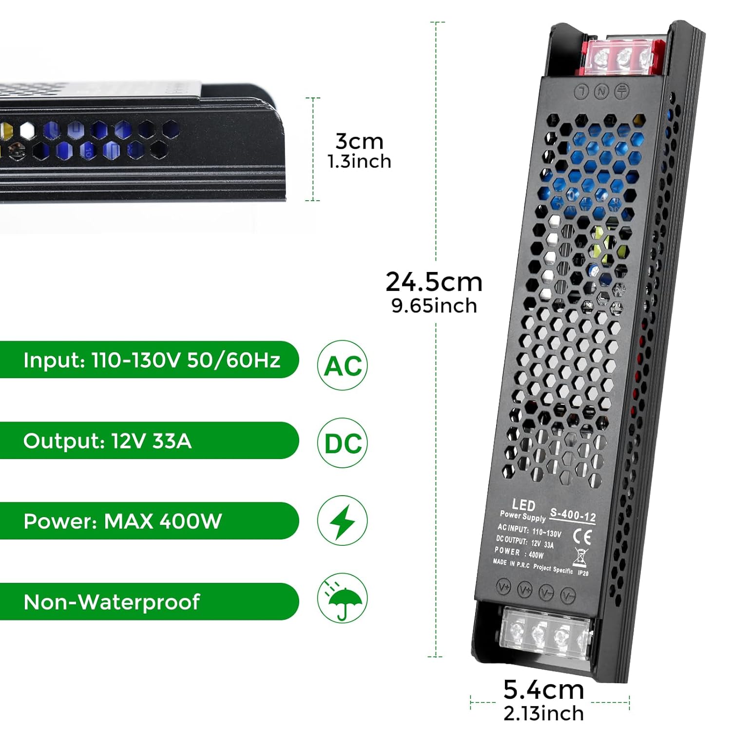 DC 12V/24V Slim Black Switching Power Supply 300W–400W, AC 110–130V/175–250V Input, LED Driver Transformer with Built-in Cooling Fan, CE/FCC/RoHS Certified