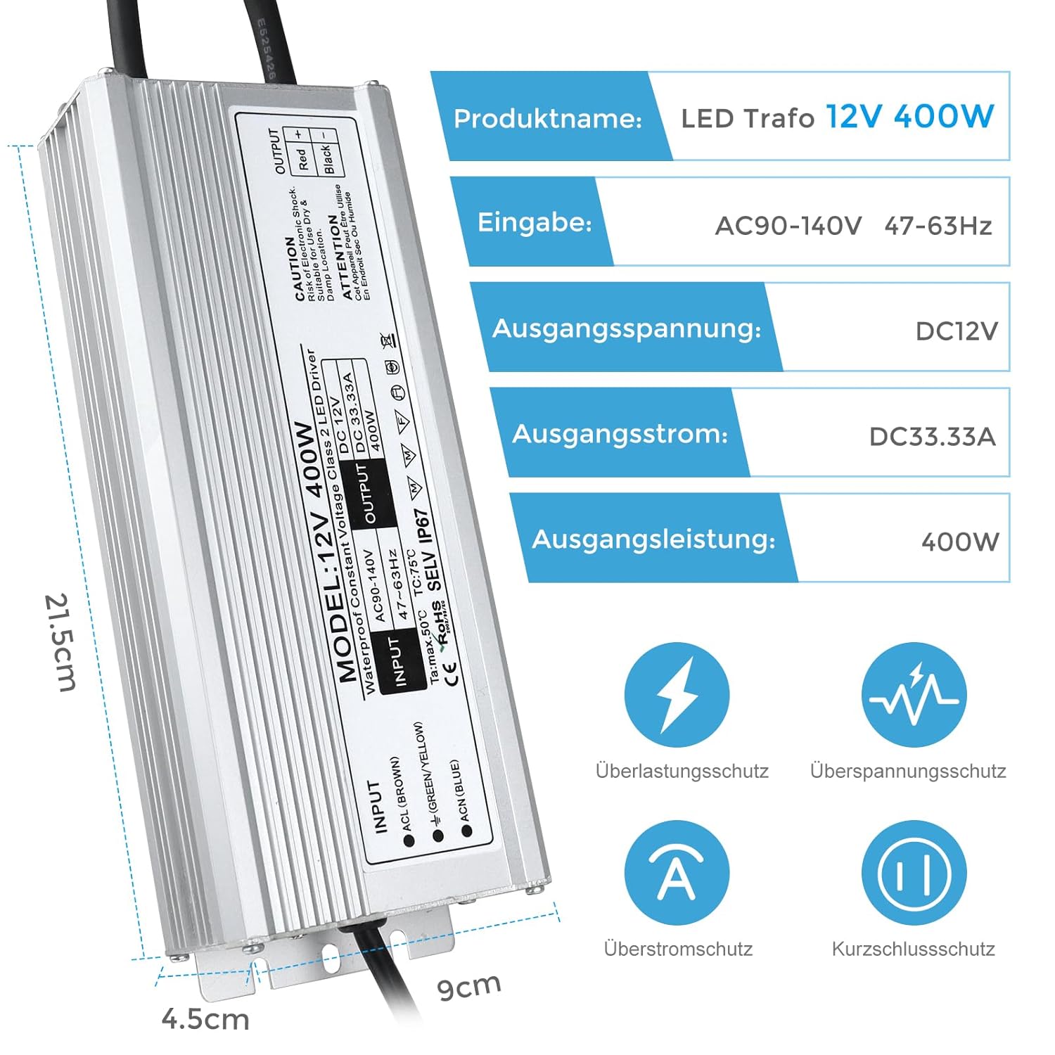 12V Waterproof LED Power Supply, 175–265V Input, 200W–500W, Single/Dual Wire Output, Outdoor LED Driver, CE/RoHS/FCC — UK/EU Plug & Wire Leads Options