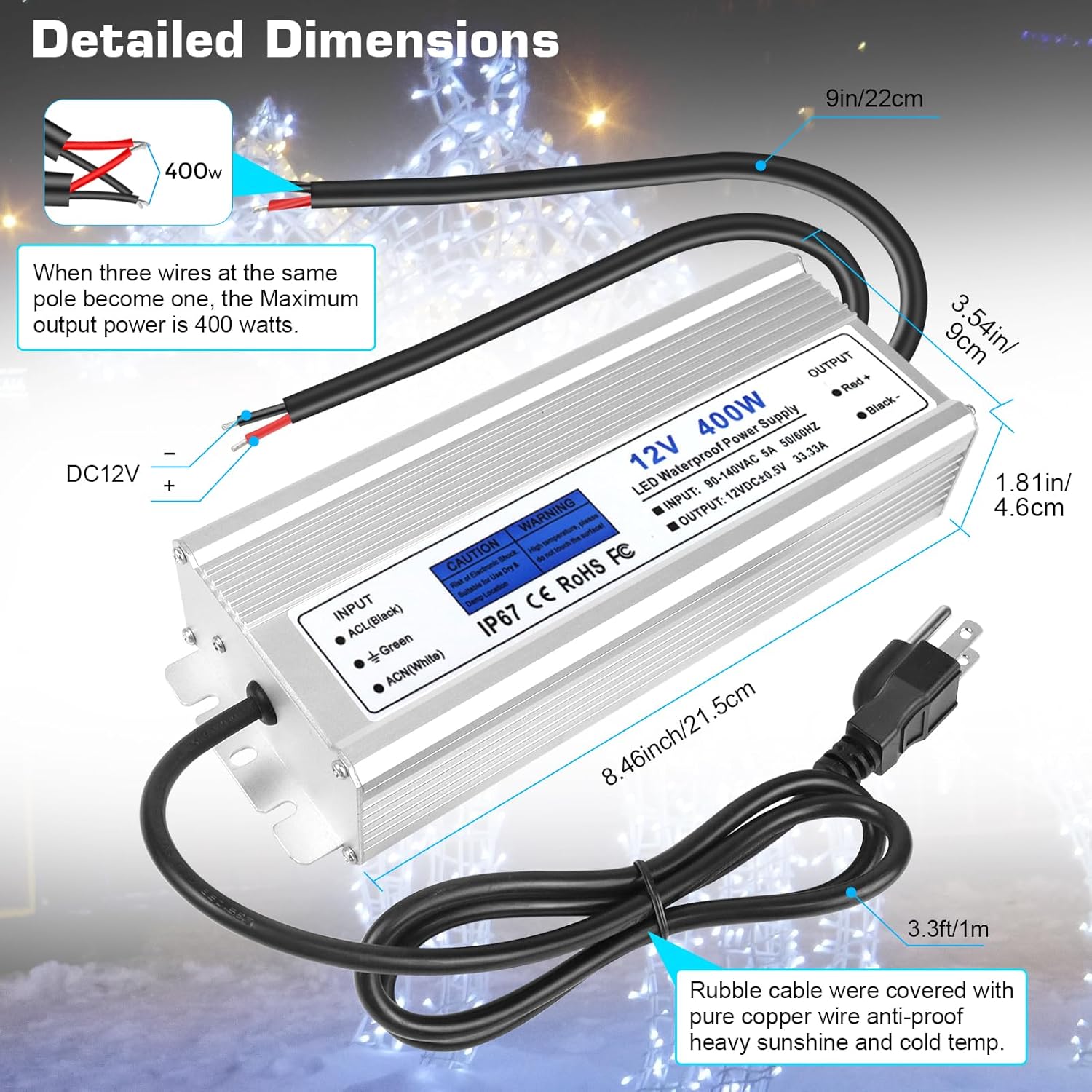 12V Waterproof LED Transformer, 90–140V Input, 200W–500W, Single/Dual Wire Output, CE/RoHS/FCC — US Plug & Wire Leads Options