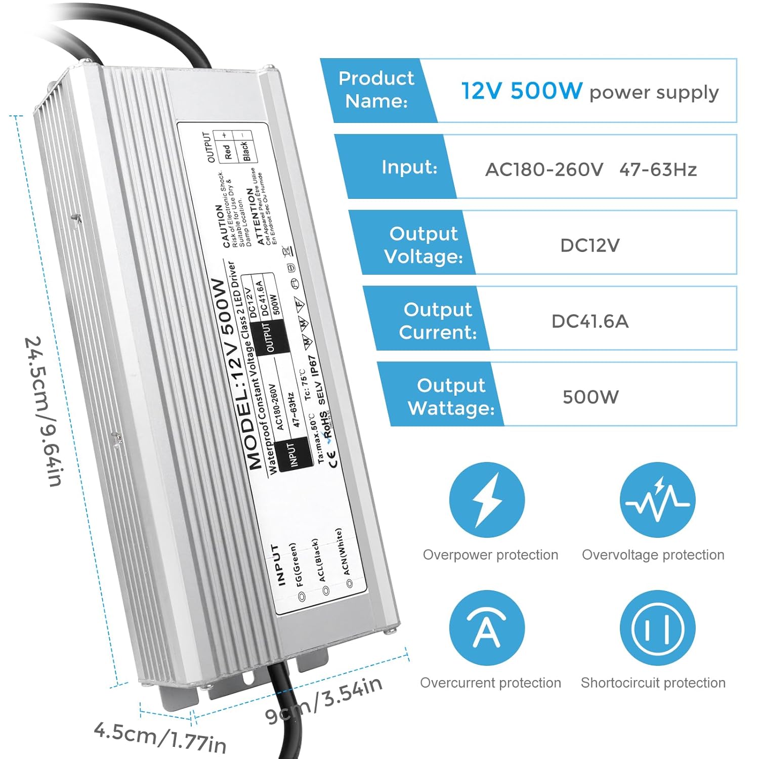 12V Waterproof LED Power Supply, 175–265V Input, 200W–500W, Single/Dual Wire Output, Outdoor LED Driver, CE/RoHS/FCC — UK/EU Plug & Wire Leads Options