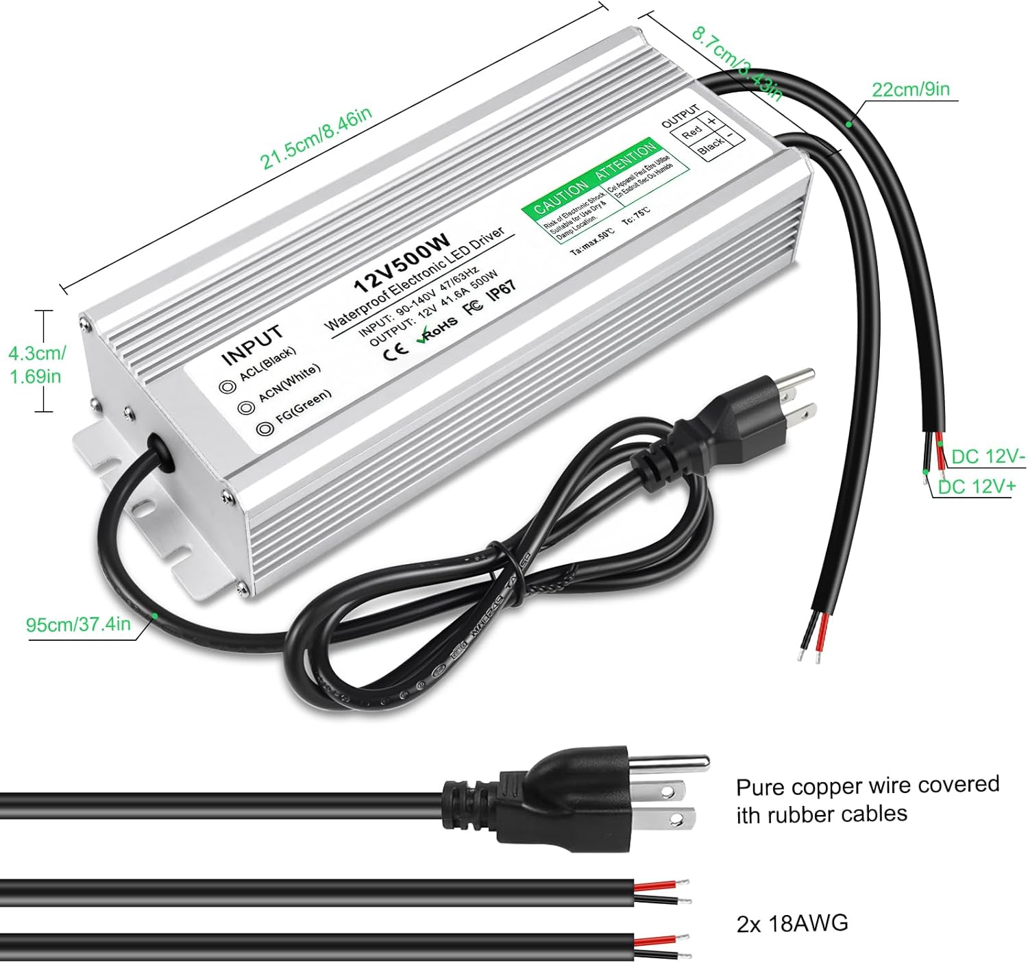 12V Waterproof LED Transformer, 90–140V Input, 200W–500W, Single/Dual Wire Output, CE/RoHS/FCC — US Plug & Wire Leads Options