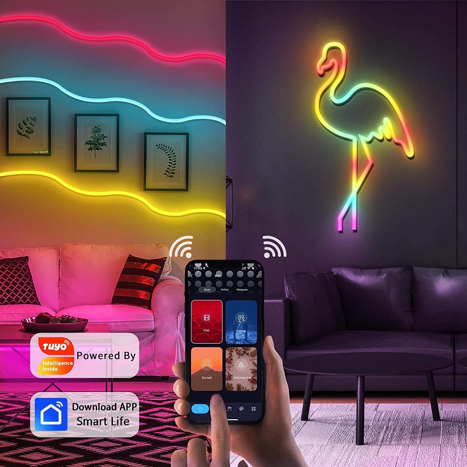Kit de bande lumineuse LED néon RGB Dream Color de 16,4 pieds avec 300 LED, kit d'éclairage avec fonction active du son contrôlée par application, télécommande sans fil
