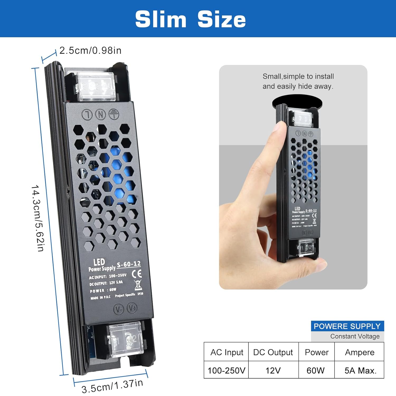 DC 12V/24V Slim Black Switching Power Supply 36W–200W, AC 110–250V Input, Narrow Type LED Transformer, Compact Metal Housing, CE/FCC/RoHS Certified