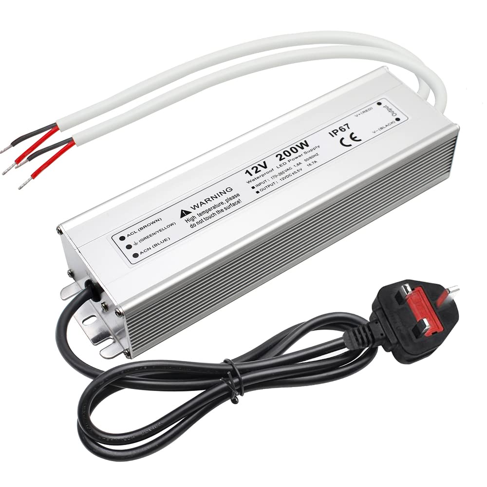 12V Waterproof LED Power Supply, 175–265V Input, 200W–500W, Single/Dual Wire Output, Outdoor LED Driver, CE/RoHS/FCC — UK/EU Plug & Wire Leads Options