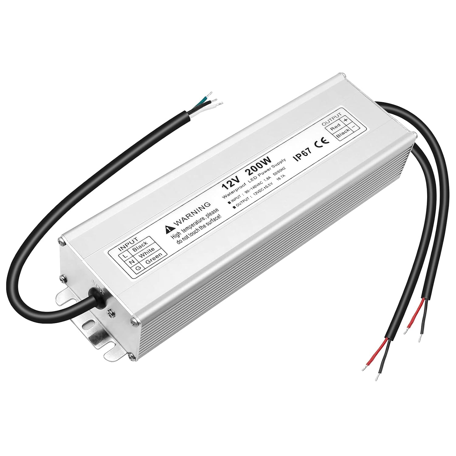 12V Waterproof LED Transformer, 90–140V Input, 200W–500W, Single/Dual Wire Output, CE/RoHS/FCC — US Plug & Wire Leads Options