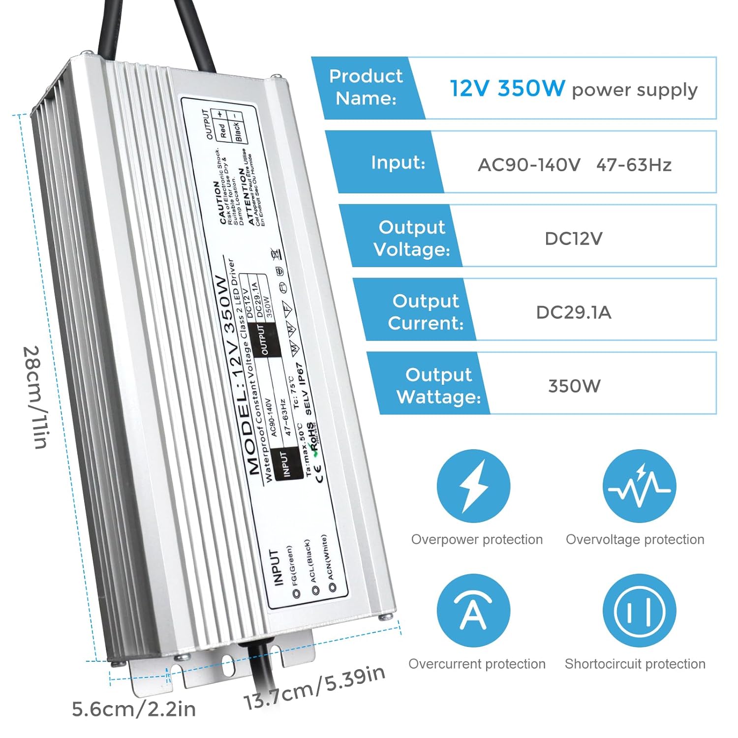 12V Waterproof LED Transformer, 90–140V Input, 200W–500W, Single/Dual Wire Output, CE/RoHS/FCC — US Plug & Wire Leads Options