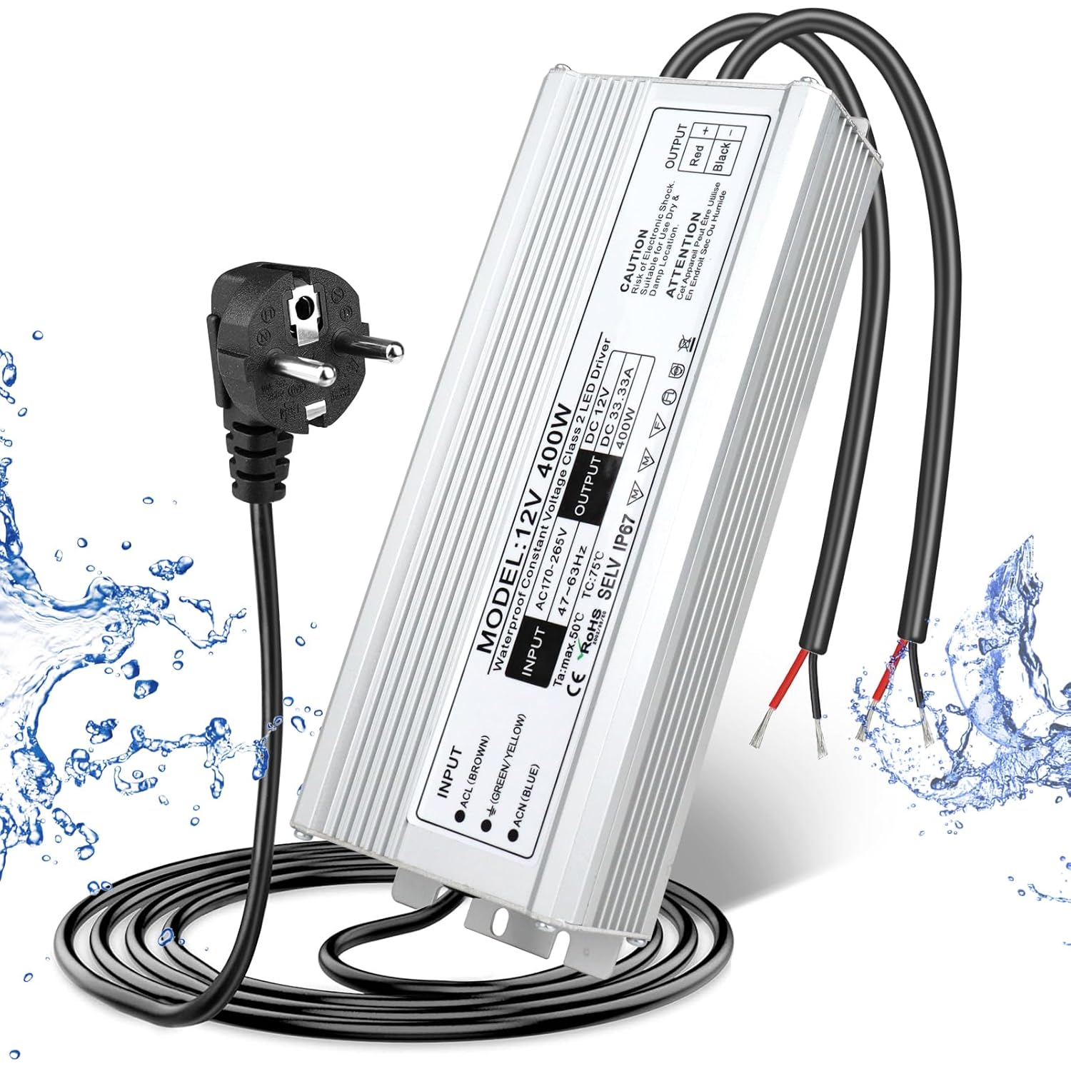 12V Waterproof LED Power Supply, 175–265V Input, 200W–500W, Single/Dual Wire Output, Outdoor LED Driver, CE/RoHS/FCC — UK/EU Plug & Wire Leads Options